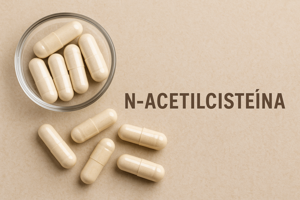 Cápsulas de suplemento de N-acetilcisteína sobre superfície neutra com tigela de vidro