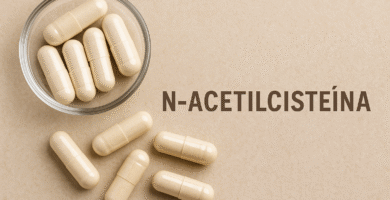 Cápsulas de suplemento de N-acetilcisteína sobre superfície neutra com tigela de vidro