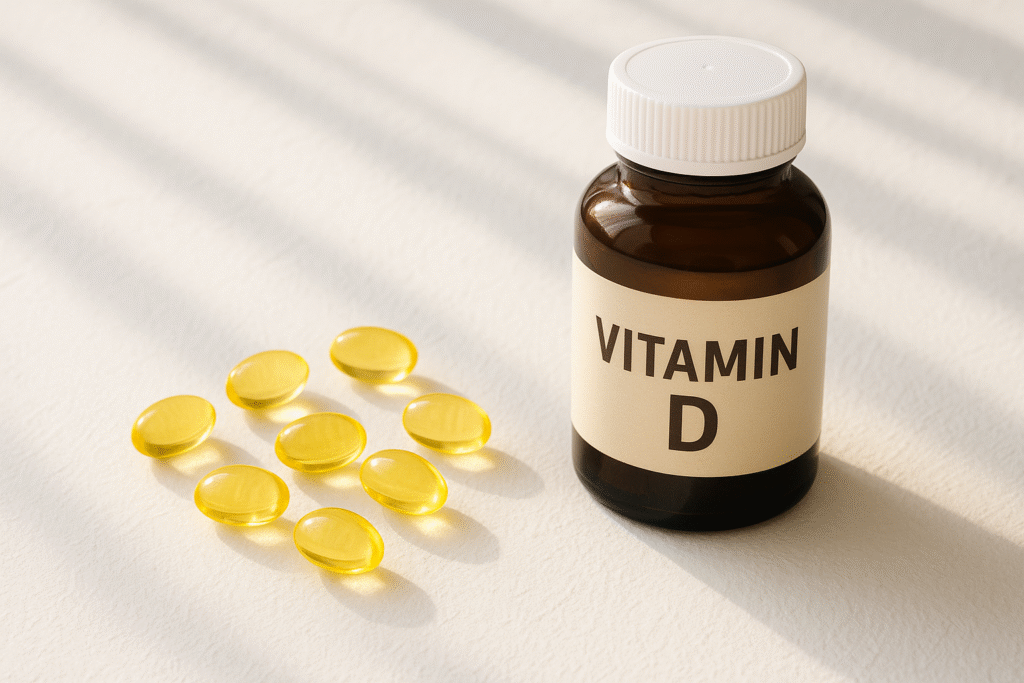 Cápsulas de vitamina D sobre superfície clara representando saúde e vitalidade solar