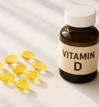 Cápsulas de vitamina D sobre superfície clara representando saúde e vitalidade solar