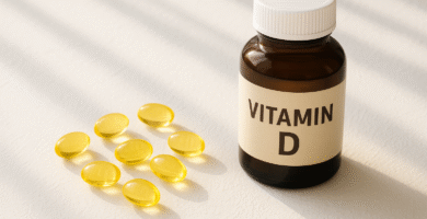 Cápsulas de vitamina D sobre superfície clara representando saúde e vitalidade solar